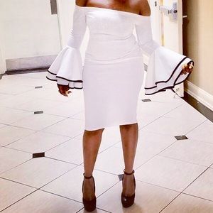 Boohoo. White, Black Trim Bell Sleeves Dress